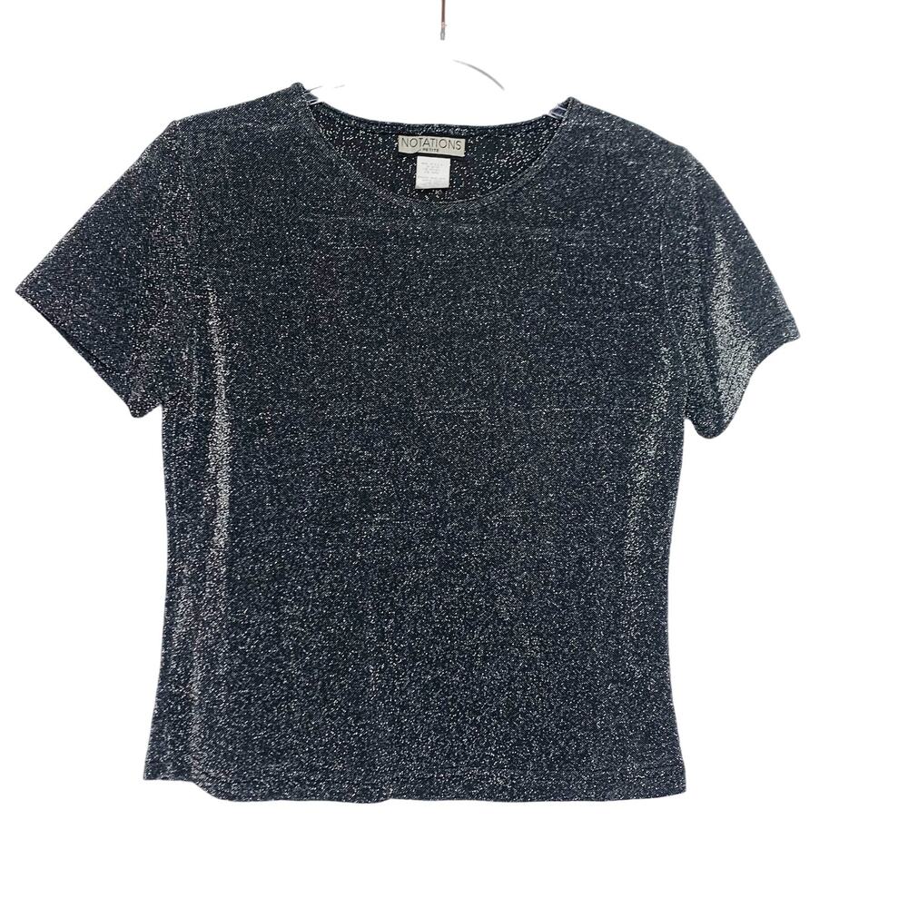 NOTATIONS Petite Vintage Sparkle Short Sleeve Top Crew Neck Black Silver Size M